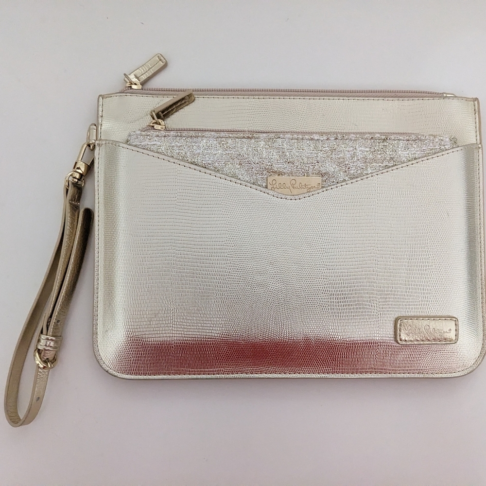 EUC! Lilly Pulitzer Kash Double Pouch Wristlet Gold Metalli